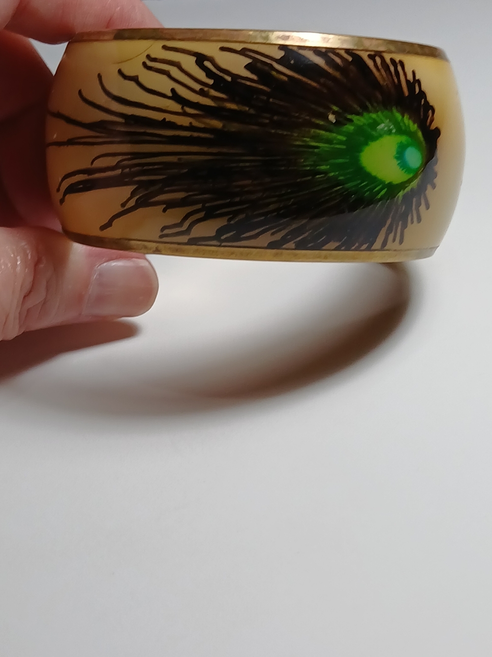 Hand-Painted Peacock Feather Resin Bangle Set In Brass